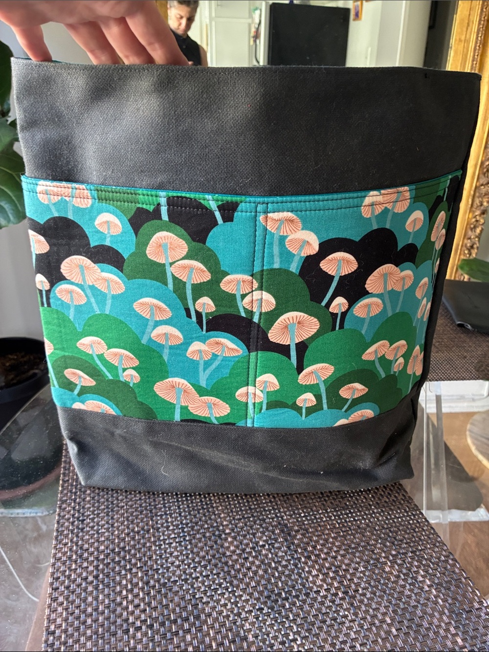 Canvas Tote Bag with Green Floral Print 15x15 inches